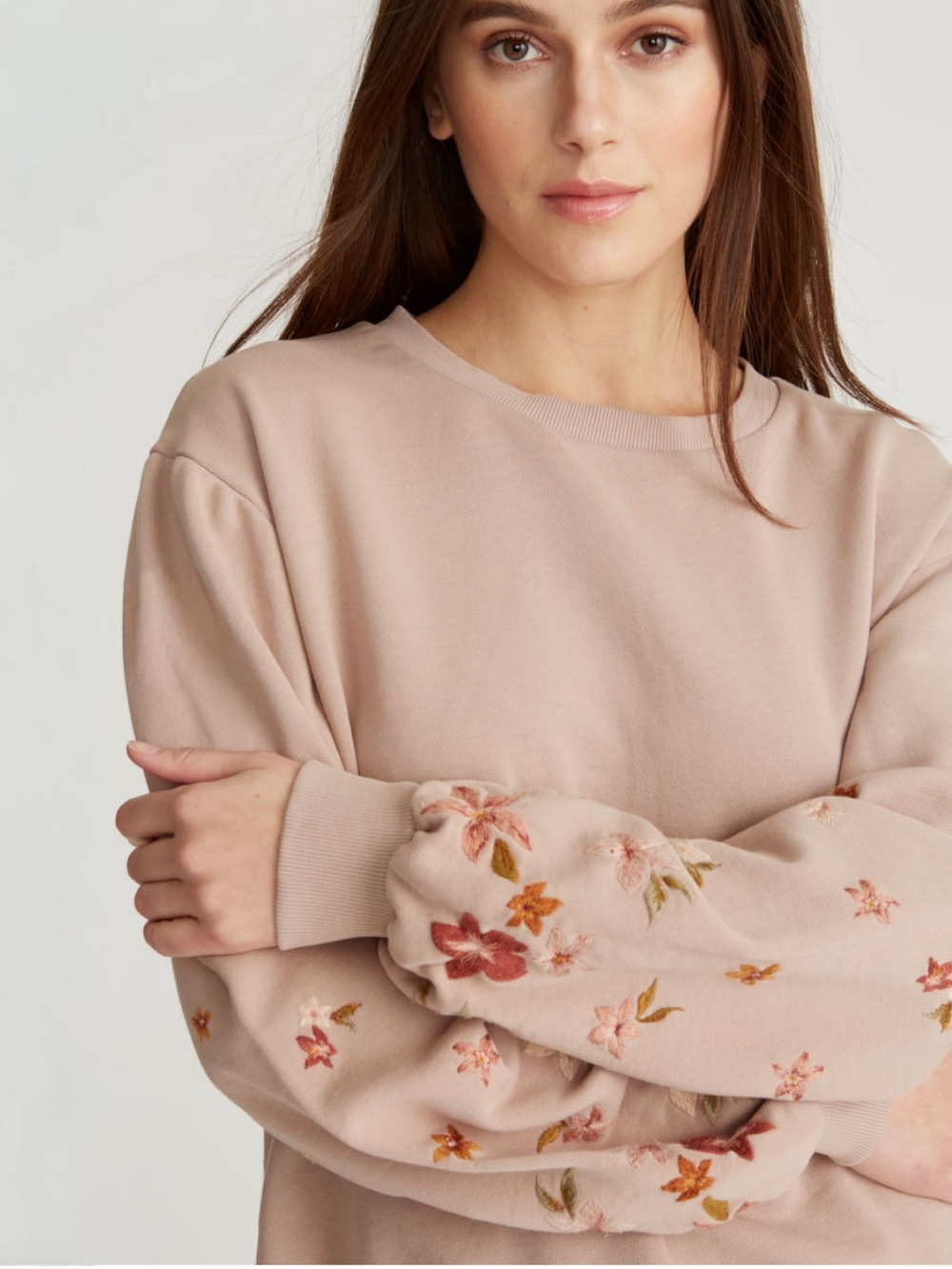 Driftwood Brie Floral Embroidered Crewneck Sweatshirt Antique Pink Anthropologie